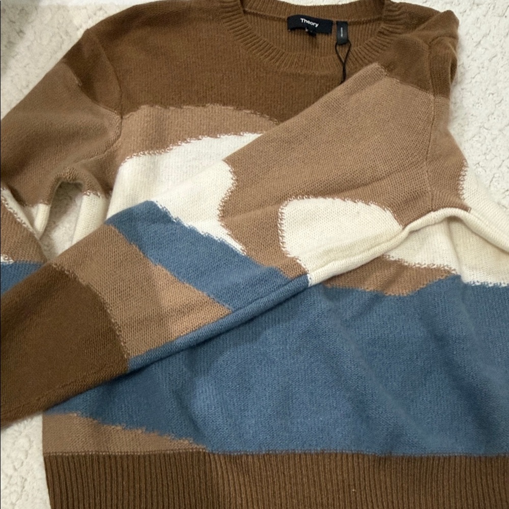 Theory Women's Brown, Cream, and Blue Crewneck Sweater - Picture 7 of 8